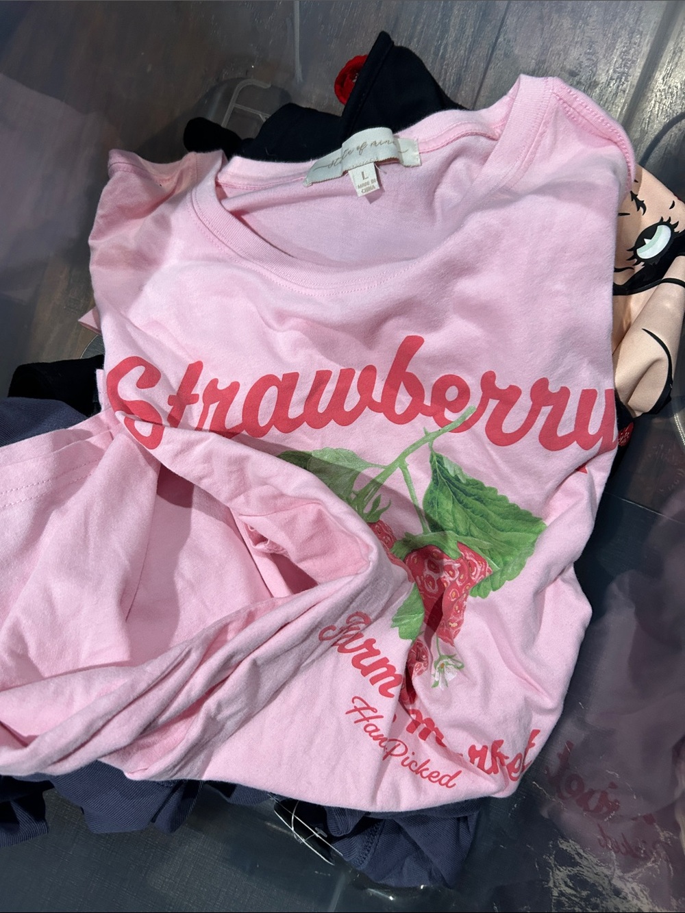 Woman, large strawberry T-shirt